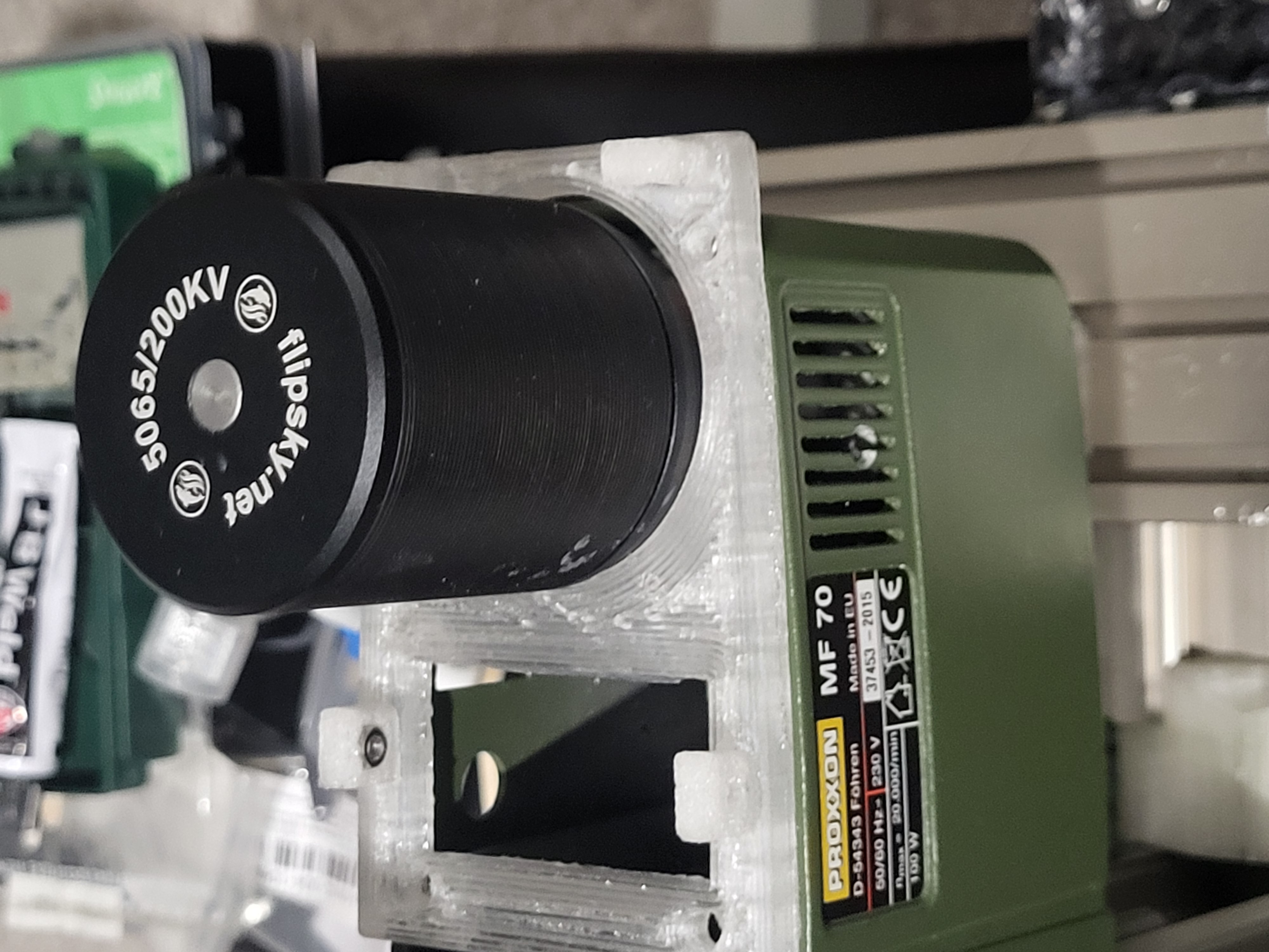 BLDC motor installed on Proxxon spindle head with 60mm cooling fan, shown without protective cover
