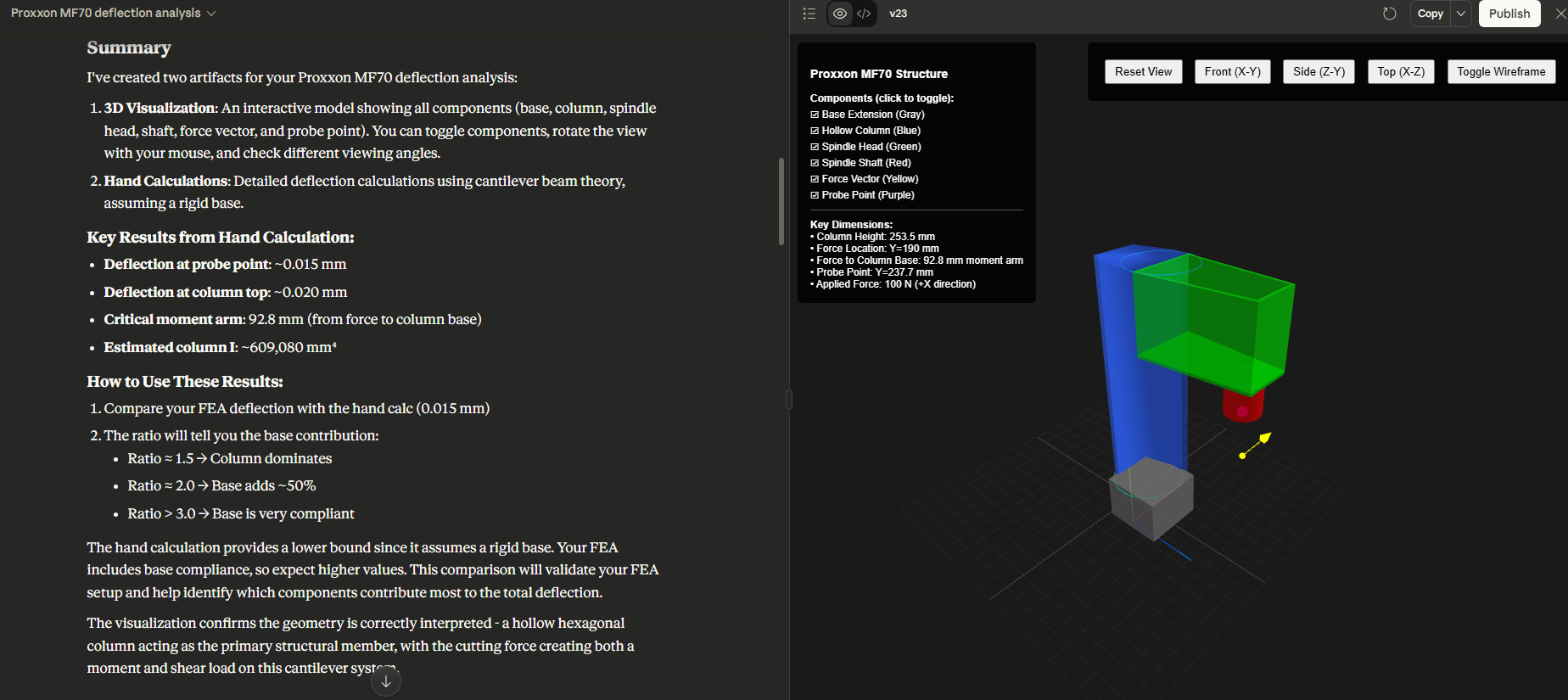 Claude Opus 4.1 analytical calculation showing estimated deformation from 100N cutting force on X-axis