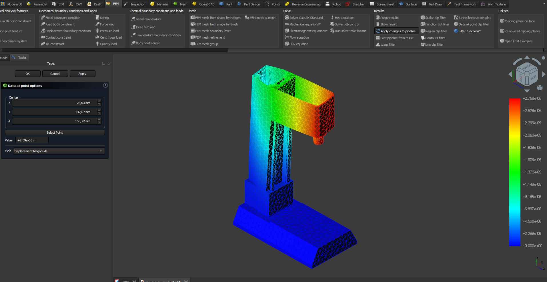 FreeCAD FEA simulation results for 100N cutting force on X-axis, validating AI-predicted deformation magnitude
